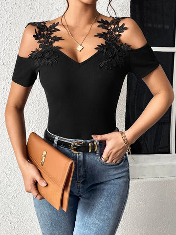 EMERY ROSE Appliques Cold Shoulder Ribbed Knit Bodysuit
