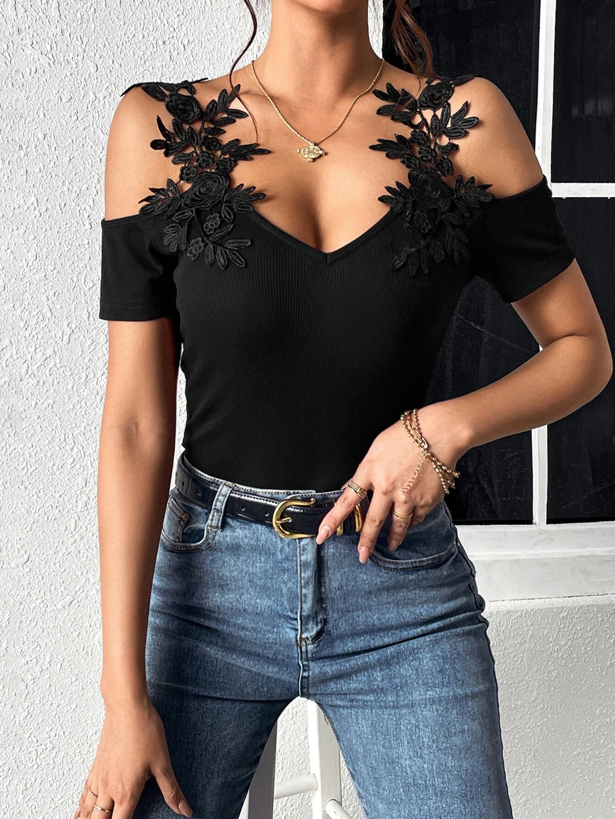 EMERY ROSE Appliques Cold Shoulder Ribbed Knit Bodysuit