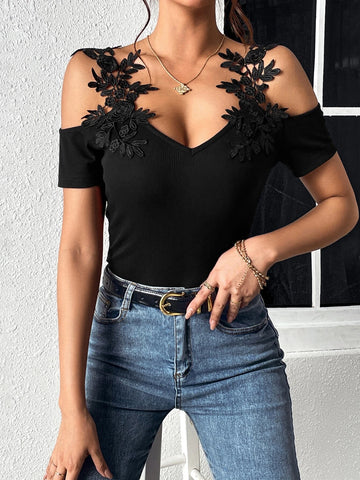 EMERY ROSE Appliques Cold Shoulder Ribbed Knit Bodysuit