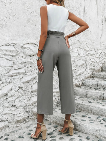 Solid Tank Top & Paperbag Waist Belted Pants