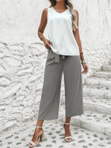 Solid Tank Top & Paperbag Waist Belted Pants
