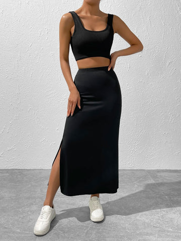 EZwear Solid Split Thigh Skirt