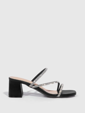CUCCOO Trending Women Rhinestone Decor Chunky Heeled Sandals, Glamorous Outdoor Mule Sandals