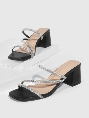 CUCCOO Trending Women Rhinestone Decor Chunky Heeled Sandals, Glamorous Outdoor Mule Sandals