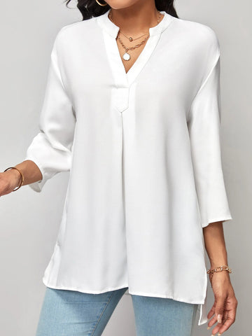 EMERY ROSE Notched Neckline Roll Tab Sleeve High Low Hem Blouse