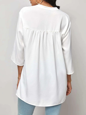 EMERY ROSE Notched Neckline Roll Tab Sleeve High Low Hem Blouse