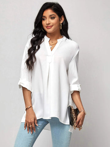 EMERY ROSE Notched Neckline Roll Tab Sleeve High Low Hem Blouse