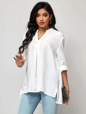 EMERY ROSE Notched Neckline Roll Tab Sleeve High Low Hem Blouse