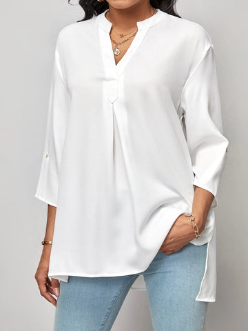 EMERY ROSE Notched Neckline Roll Tab Sleeve High Low Hem Blouse