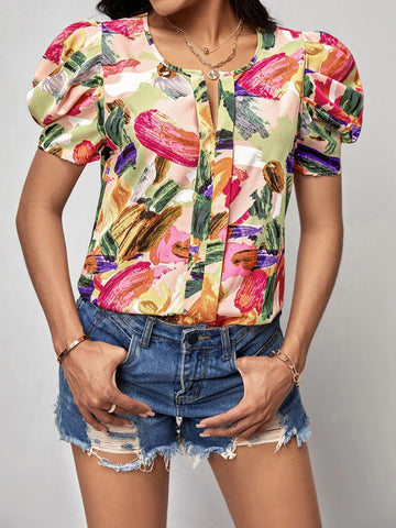 EMERY ROSE Brush Stroke Print Puff Sleeve Blouse