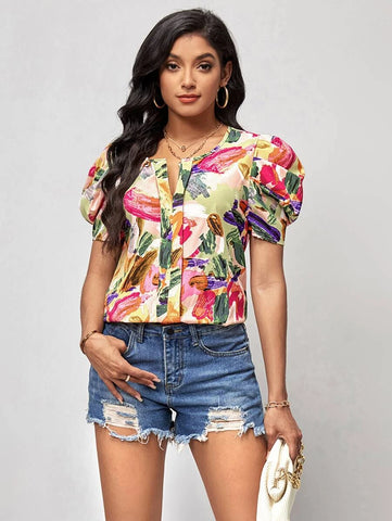 EMERY ROSE Brush Stroke Print Puff Sleeve Blouse