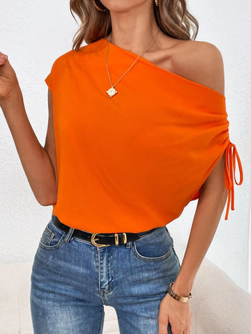 Solid Drawstring Side Asymmetrical Neck Blouse