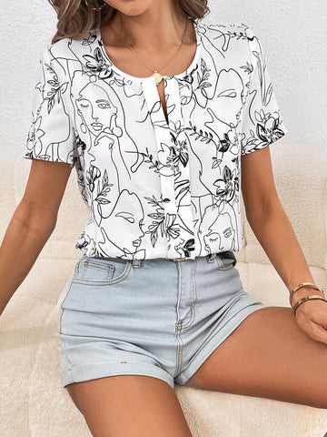 Figure Graphic Notch Neck Blouse