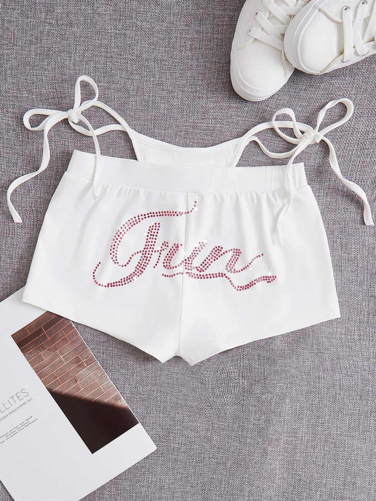 ICON Rhinestone Letter Graphic Cut Out Waist Shorts