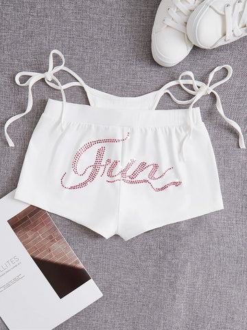 ICON Rhinestone Letter Graphic Cut Out Waist Shorts