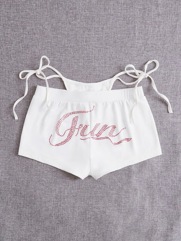 ICON Rhinestone Letter Graphic Cut Out Waist Shorts