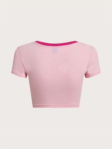 ICON Heart & Letter Graphic Contrast Binding Crop Tee