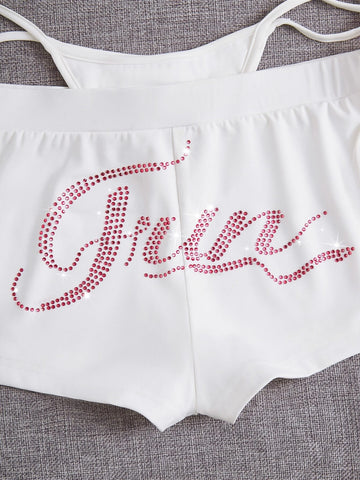 ICON Rhinestone Letter Graphic Cut Out Waist Shorts