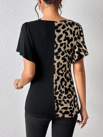 EMERY ROSE Leopard Print Asymmetrical Neck Butterfly Sleeve Ruched Split Hem Tee
