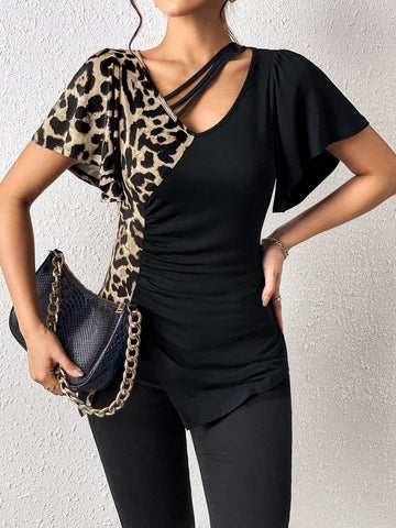 EMERY ROSE Leopard Print Asymmetrical Neck Butterfly Sleeve Ruched Split Hem Tee