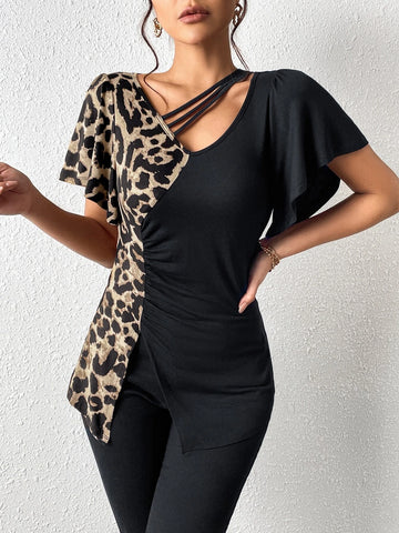 EMERY ROSE Leopard Print Asymmetrical Neck Butterfly Sleeve Ruched Split Hem Tee