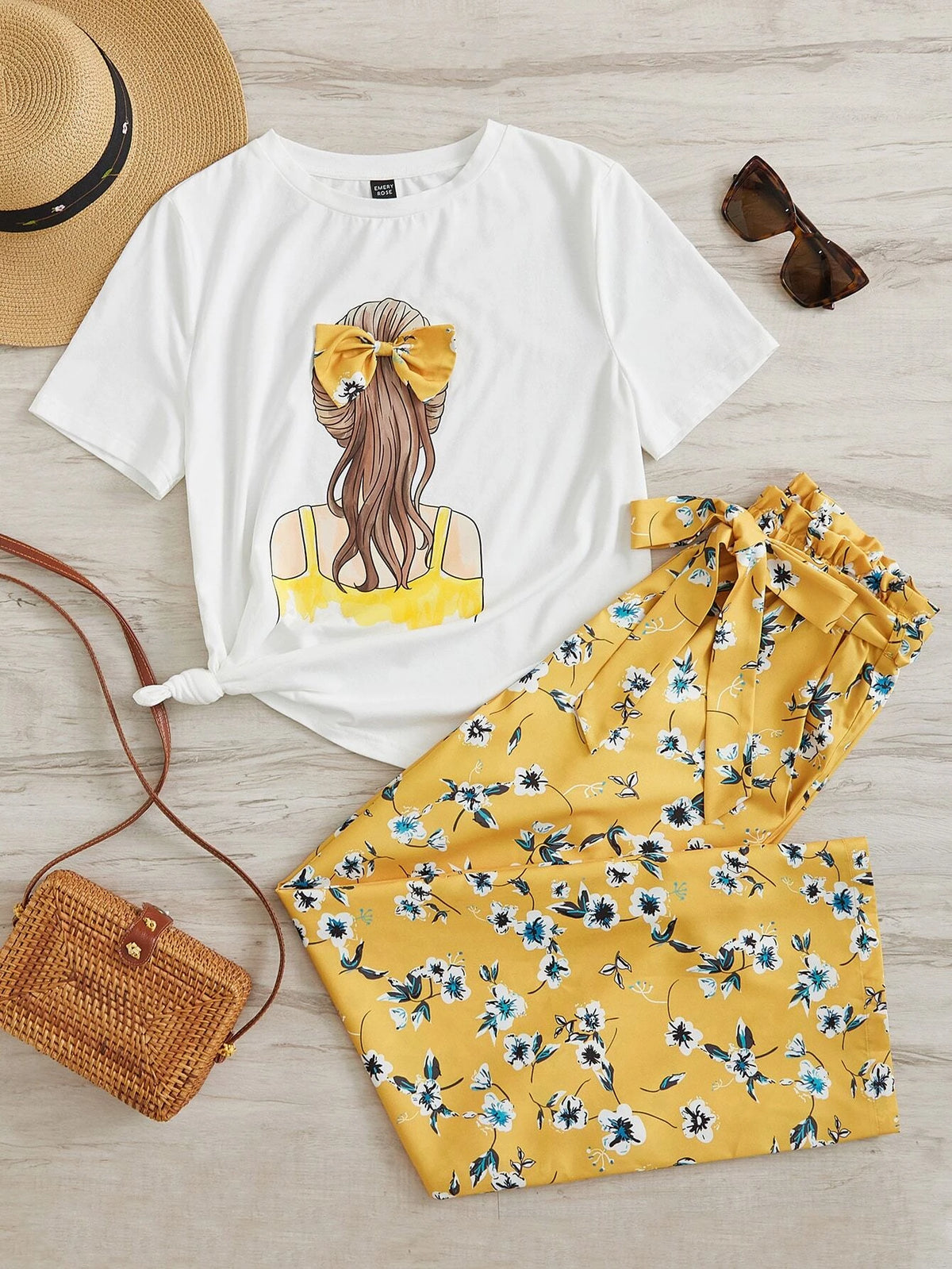 EMERY ROSE Figure Graphic Tee & Floral Print Wide Leg Pants