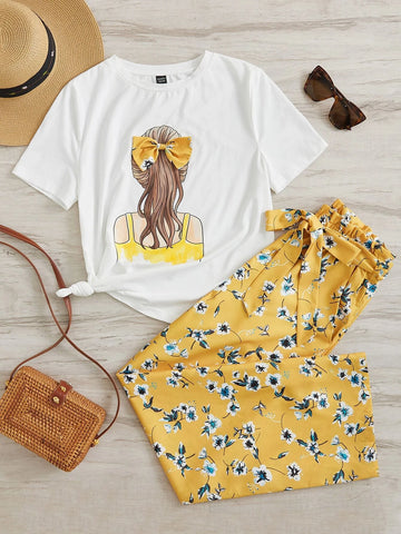 EMERY ROSE Figure Graphic Tee & Floral Print Wide Leg Pants