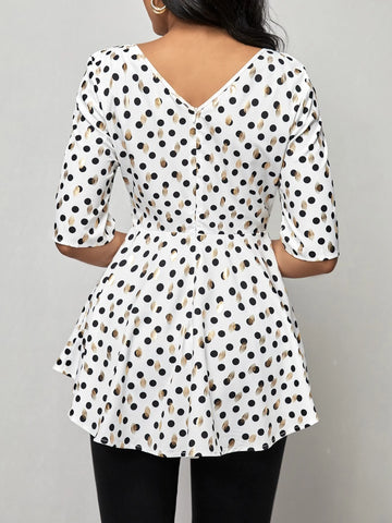 EMERY ROSE Polka Dot Print Surplice Neck Peplum Blouse