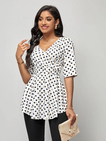 EMERY ROSE Polka Dot Print Surplice Neck Peplum Blouse