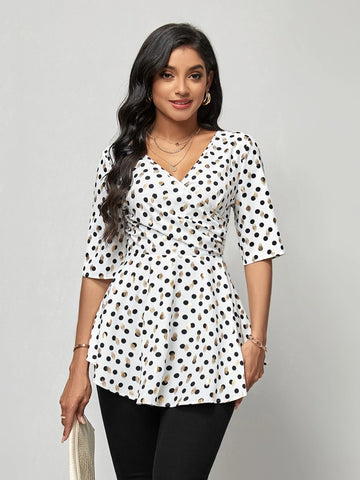 EMERY ROSE Polka Dot Print Surplice Neck Peplum Blouse