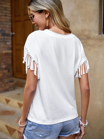 EMERY ROSE Fringe Trim Batwing Sleeve Tee