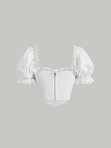 MOD Lace Frill Trim Puff Sleeve Bustier Crop Blouse