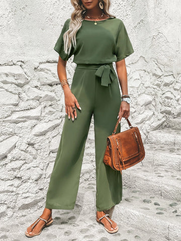 EMERY ROSE Solid Batwing Sleeve Belted Jumpsuit