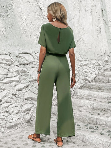 EMERY ROSE Solid Batwing Sleeve Belted Jumpsuit
