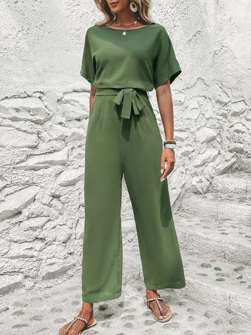 EMERY ROSE Solid Batwing Sleeve Belted Jumpsuit