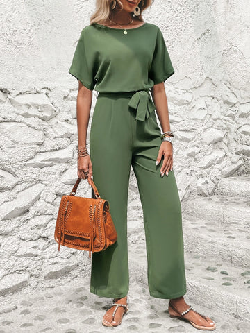 EMERY ROSE Solid Batwing Sleeve Belted Jumpsuit