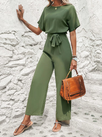 EMERY ROSE Solid Batwing Sleeve Belted Jumpsuit