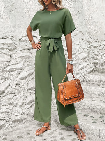 EMERY ROSE Solid Batwing Sleeve Belted Jumpsuit