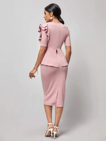 Ruffle Trim Peplum Top & Split Back Skirt