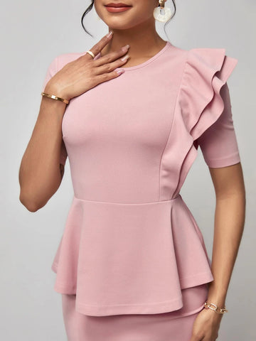 Ruffle Trim Peplum Top & Split Back Skirt