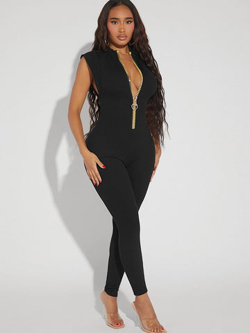 Zip Up Mock Neck Unitard Jumpsuit