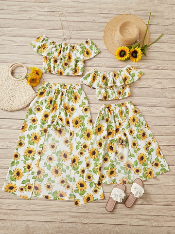 Allover Floral Print Off Shoulder Ruffle Trim Top & Split Thigh Skirt