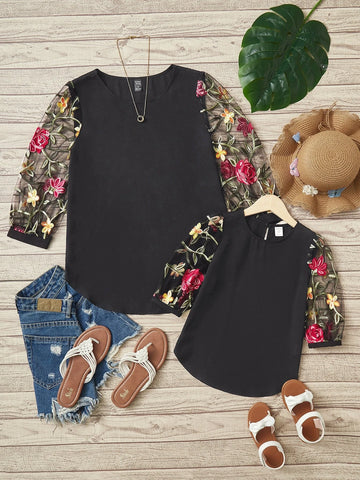 EMERY ROSE Floral Embroidery Mesh Sleeve Blouse