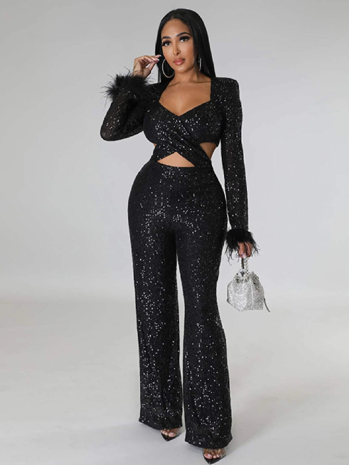 Fuzzy Cuff Cut Out Sequin Jumpsuit