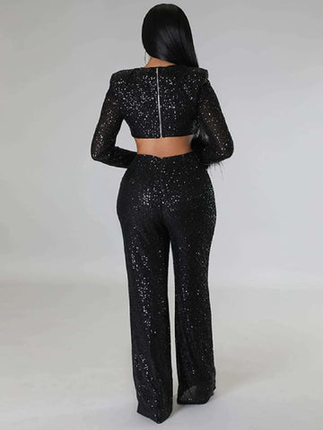 Fuzzy Cuff Cut Out Sequin Jumpsuit
