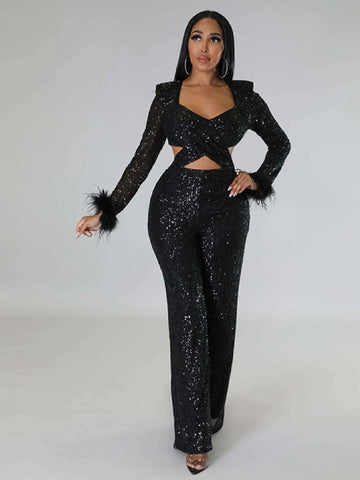 Fuzzy Cuff Cut Out Sequin Jumpsuit