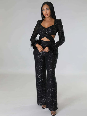 Fuzzy Cuff Cut Out Sequin Jumpsuit