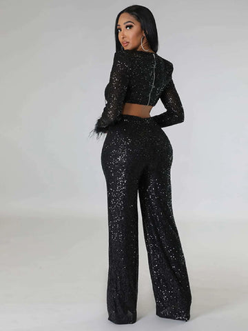 Fuzzy Cuff Cut Out Sequin Jumpsuit