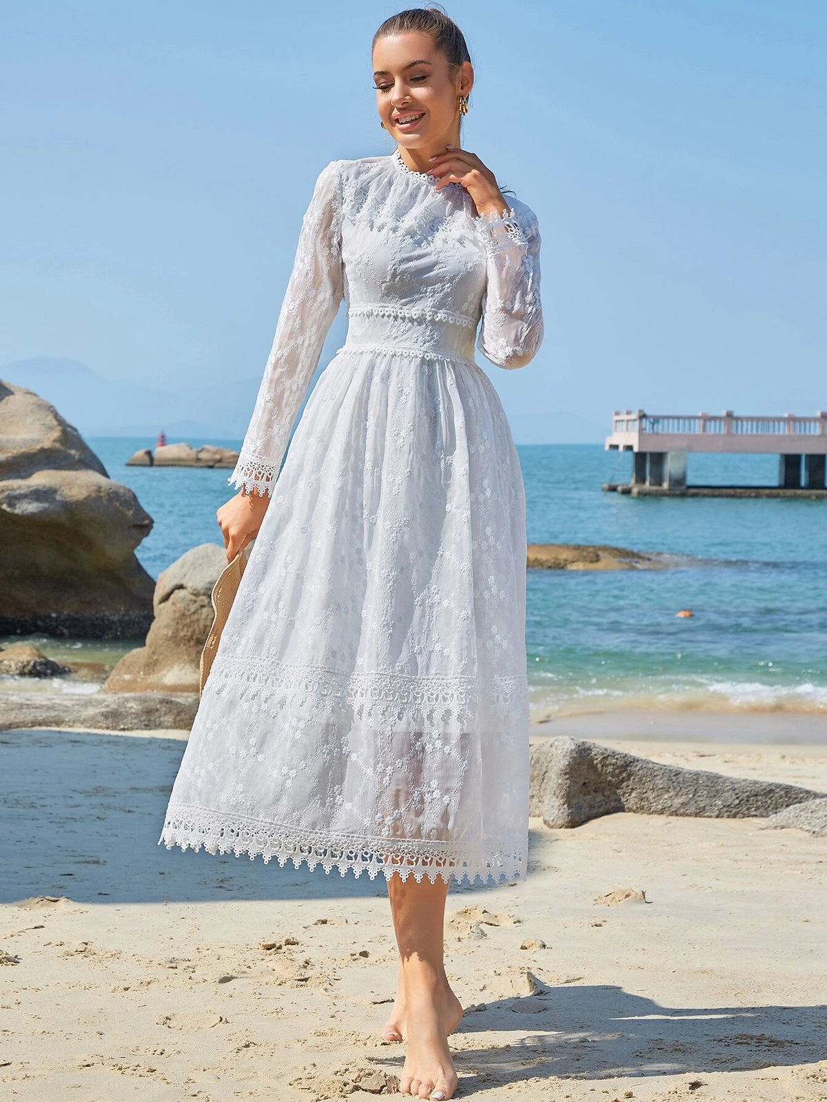 Eilly Bazar Floral Embroidery Frill Lace Overlay Dress