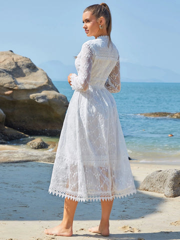 Eilly Bazar Floral Embroidery Frill Lace Overlay Dress